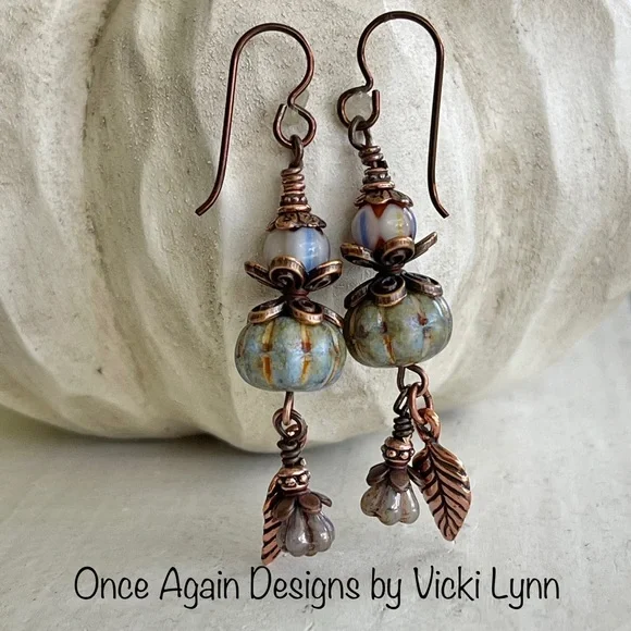 Hand Crafted “Pumpkin Blues” Dangle Earrings - Picture 1 of 9